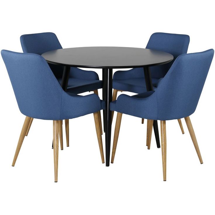 Ruokailuryhmä Venture Home, ⌀100cm musta Plaza-pöytä + 4 sinistä Plaza-tuolia