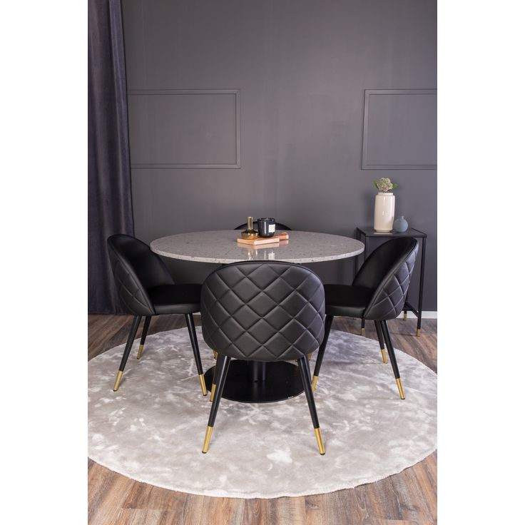 Pyöreä ruokailuryhmä Venture Home, Ø106cm harmaa Razzia-pöytä + 4 mustaa Velvet-tuolia