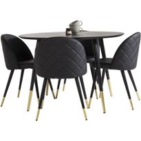 Ruokailuryhmä Venture Home, ø115cm musta/messinki Dipp-pöytä + 4 mustaa Velvet-tuolia, keinonahka