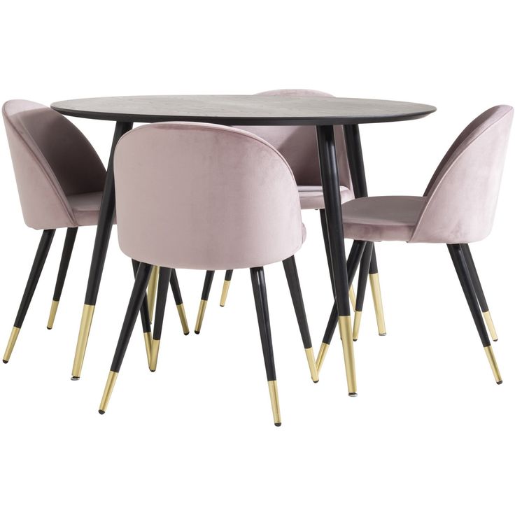 Pyöreä ruokailuryhmä Venture Home, Ø115cm musta Dipp-pöytä + 4 vaaleanpunaista Velvet-tuolia