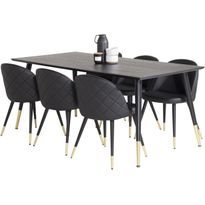 Ruokailuryhmä Venture Home, 180x90cm musta/messinki Dipp-pöytä + 6 musta/messinki Velvet PU -tuolia