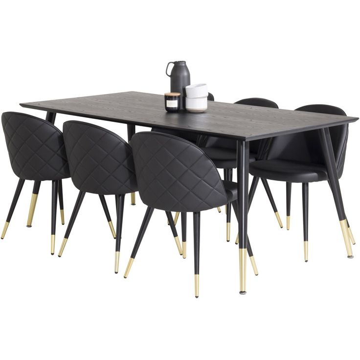 Ruokailuryhmä Venture Home, 180x90cm musta/messinki Dipp-pöytä + 6 musta/messinki Velvet PU -tuolia