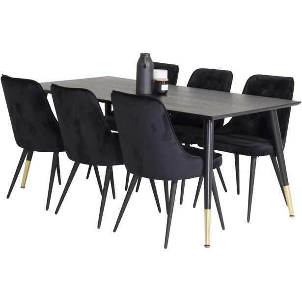Ruokailuryhmä Venture Home, 180x90cm musta/messinki Dipp-pöytä + 6 Velvet Deluxe -tuolia, musta/messinki