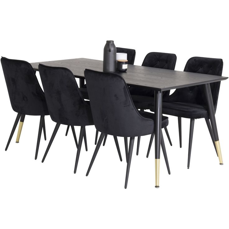 Ruokailuryhmä Venture Home, 180x90cm musta/messinki Dipp-pöytä + 6 Velvet Deluxe -tuolia, musta/messinki
