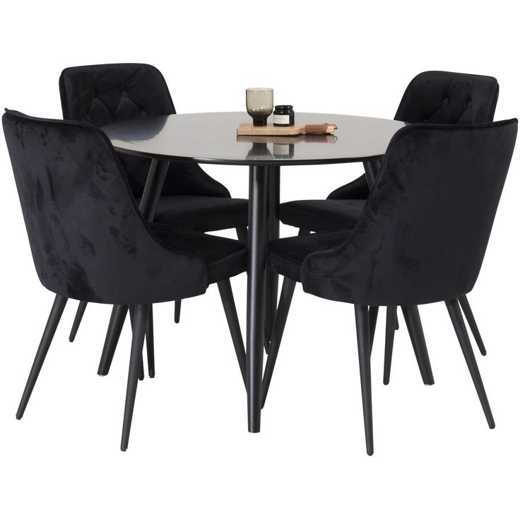 Ruokailuryhmä Venture Home, ⌀100cm musta Plaza-pöytä + 4 mustaa Velvet Deluxe -tuolia