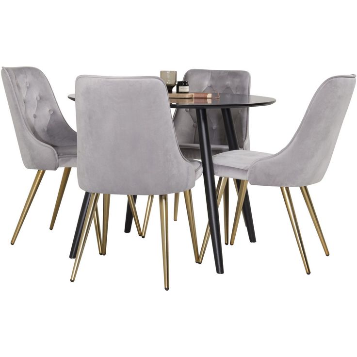 Ruokailuryhmä Venture Home, ⌀100cm musta Plaza-pöytä + 4 vaaleanharmaata Velvet Deluxe-tuolia