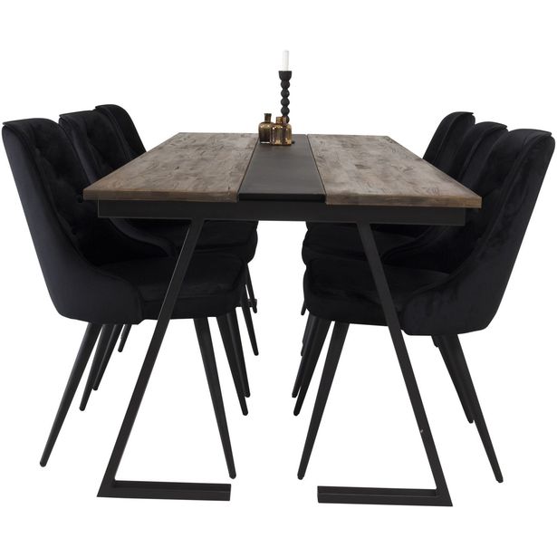 Ruokailuryhmä Venture Home, 200x90cm Jakarta-pöytä + 6 Velvet Deluxe -tuolia, sametti