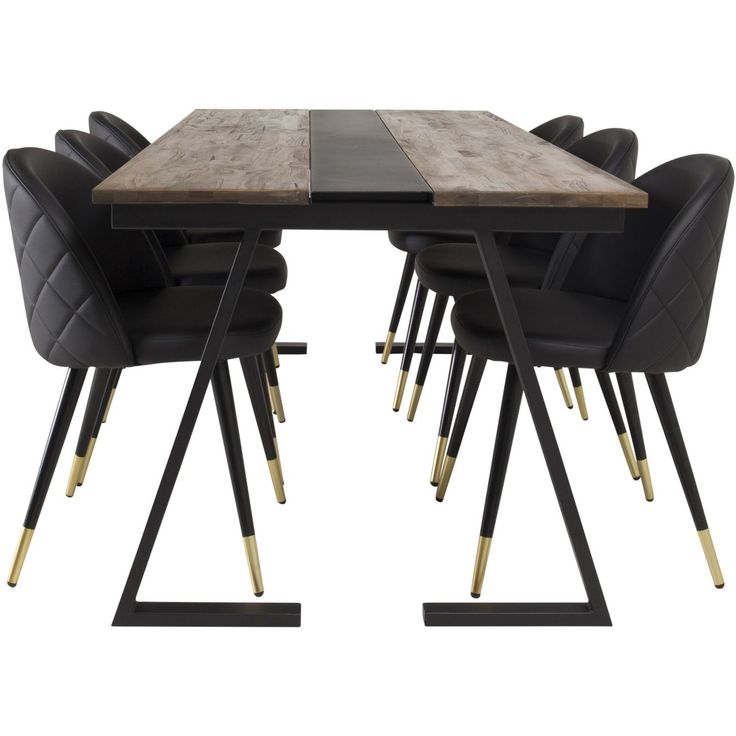 Ruokailuryhmä Venture Home, 200x90cm Jakarta-pöytä + 6 mustaa Velvet-tuolia, keinonahka