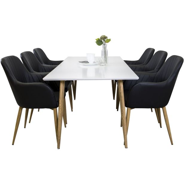 Ruokailuryhmä Venture Home, 180x90cm Polar-pöytä + 6 mustaa Comfort-tuolia, keinonahka