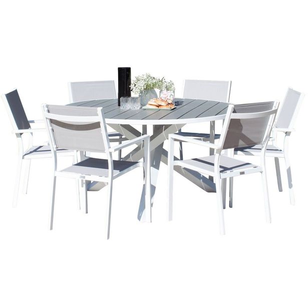 Ruokailuryhmä ulos Venture Home, valkoinen Parma-pöytä Ø140cm + 6 valkoharmaata Copacabana-tuolia