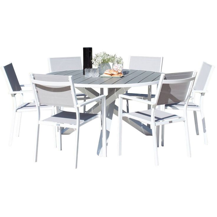 Ruokailuryhmä ulos Venture Home, valkoinen Parma-pöytä Ø140cm + 6 valkoharmaata Copacabana-tuolia