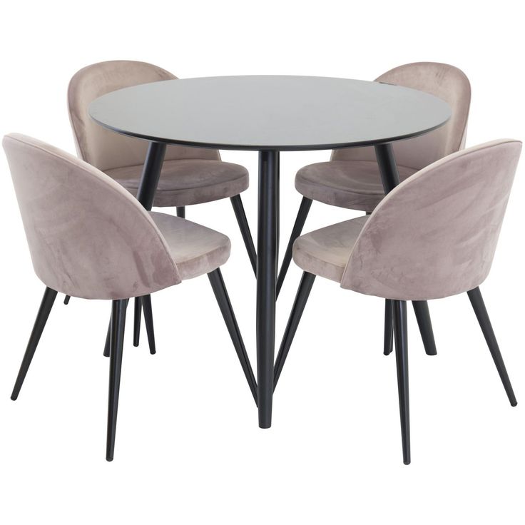 Ruokailuryhmä Venture Home, ⌀100cm musta Plaza-pöytä + 4 Velvet-tuolia, sametti