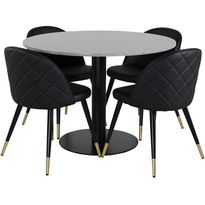 Ruokailuryhmä Venture Home, ⌀106cm harmaa Razzia-pöytä + 4 musta/messinki Velvet Stitches -tuolia, keinonahka
