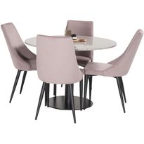 Ruokailuryhmä Venture Home, ⌀106cm harmaa Razzia-pöytä + 4 vaaleanpunaista Leone-tuolia, vakosametti