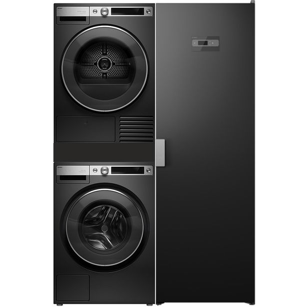 Pesutorni Asko Premium W7096XG + T709HUG + väliasennussarja HB150G ulosvedettävällä pyykkikorilla ja kuivauskaappi DC7784V.G, musta