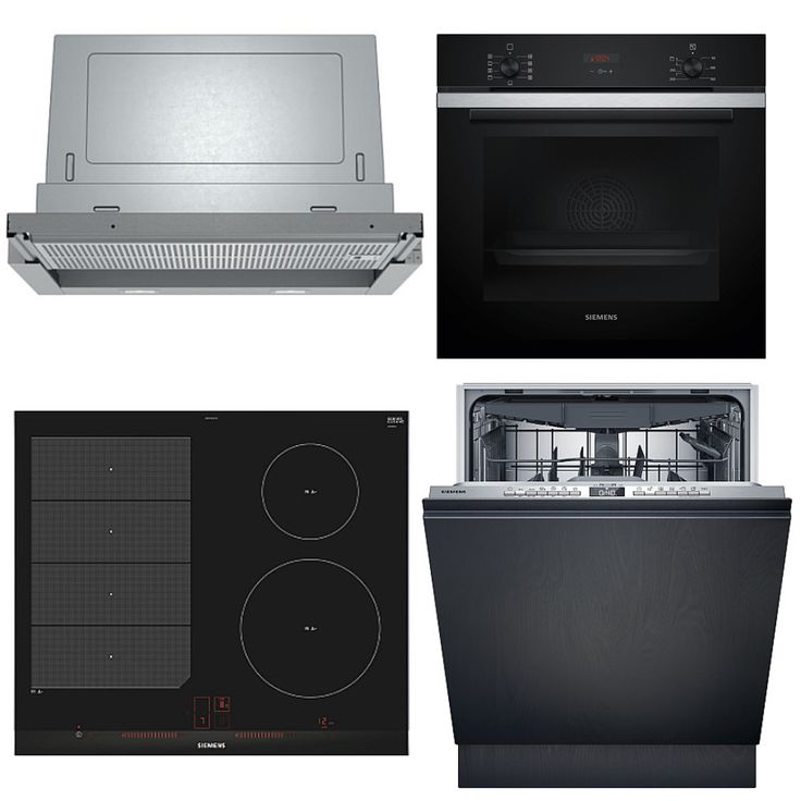 Keittiön kodinkonepaketti Siemens, sis. uuni HB234ABS3F, induktioliesitaso EX675LEC1E, astianpesukone SX73HX03VE ja liesituuletin LI67RB531