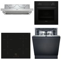 Keittiön kodinkonepaketti Siemens, sis. uuni HB010FBA1, induktioliesitaso EH61RBEB6E, astianpesukone SN616X00KF ja liesituuletin LI64MA531, musta