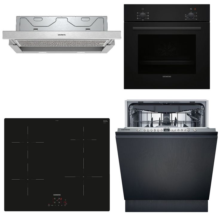 Keittiön kodinkonepaketti Siemens, sis. uuni HB010FBA1, induktioliesitaso EH61RBEB6E, astianpesukone SN616X00KF ja liesituuletin LI64MA531, musta