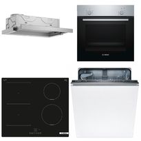 Keittiön kodinkonepaketti Bosch, sis. uuni HBF010BR1S, induktioliesitaso PVS611BB6E, astianpesukone SMV41D10EU ja liesituuletin DFM064A53, hopea