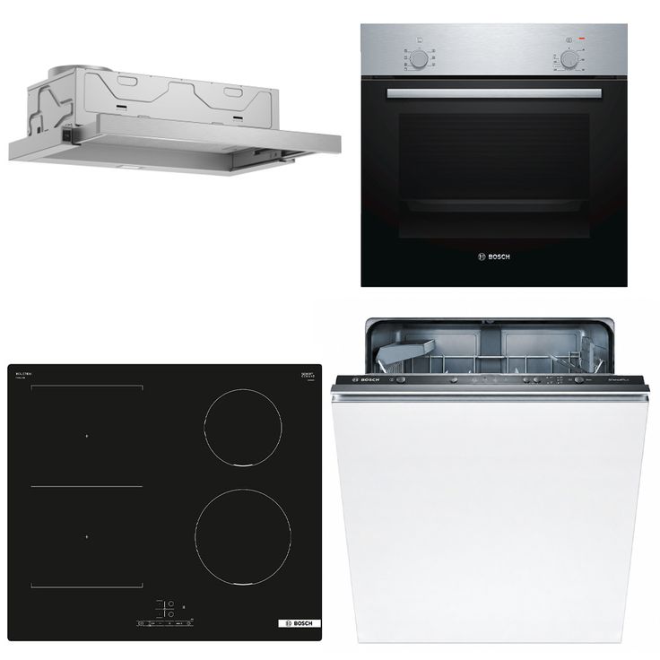 Keittiön kodinkonepaketti Bosch, sis. uuni HBF010BR1S, induktioliesitaso PVS611BB6E, astianpesukone SMV41D10EU ja liesituuletin DFM064A53, hopea