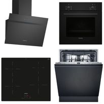 Keittiön kodinkonepaketti Siemens, sis. uuni HB010FBA1, induktioliesitaso EH61RBEB6E, astianpesukone SN616X00KF ja liesituuletin LC65KDK60