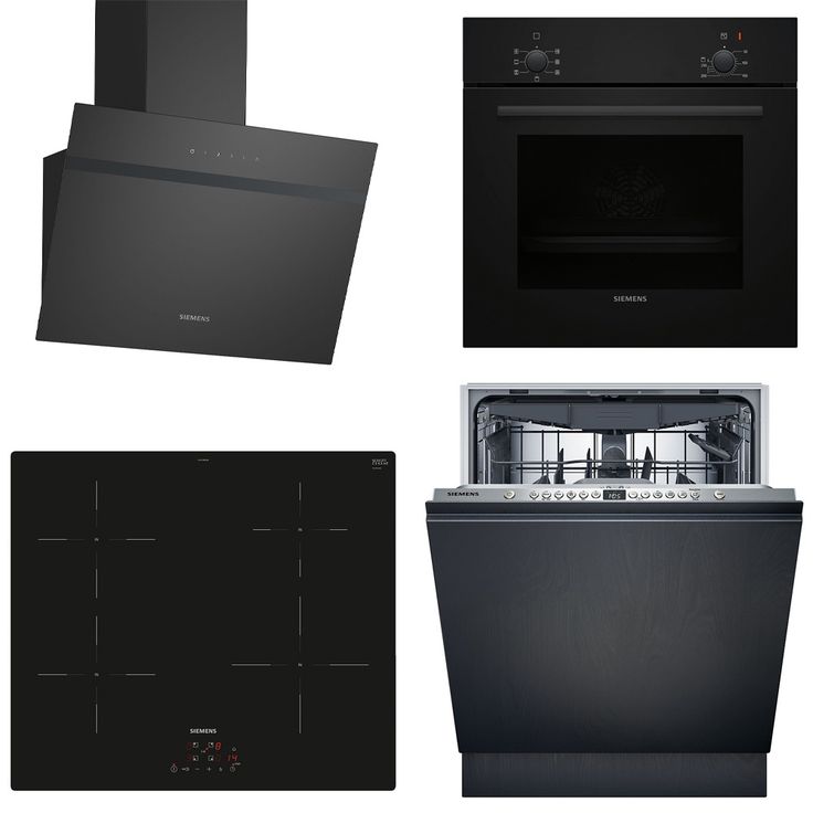 Keittiön kodinkonepaketti Siemens, sis. uuni HB010FBA1, induktioliesitaso EH61RBEB6E, astianpesukone SN616X00KF ja liesituuletin LC65KDK60