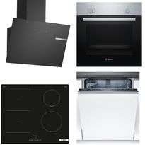 Keittiön kodinkonepaketti Bosch, sis. uuni HBF010BR1S, induktioliesitaso PVS611BB6E, astianpesukone SMV41D10EU ja liesituuletin DWK65DK60