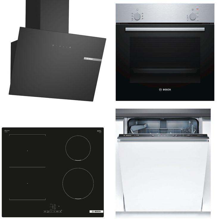 Keittiön kodinkonepaketti Bosch, sis. uuni HBF010BR1S, induktioliesitaso PVS611BB6E, astianpesukone SMV41D10EU ja liesituuletin DWK65DK60