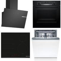 Keittiön kodinkonepaketti Bosch, sis. uuni HBG537FB4, induktioliesitaso PIX631HC1E, astianpesukone SMV4HMX08E ja liesituuletin DWK65DK60, musta