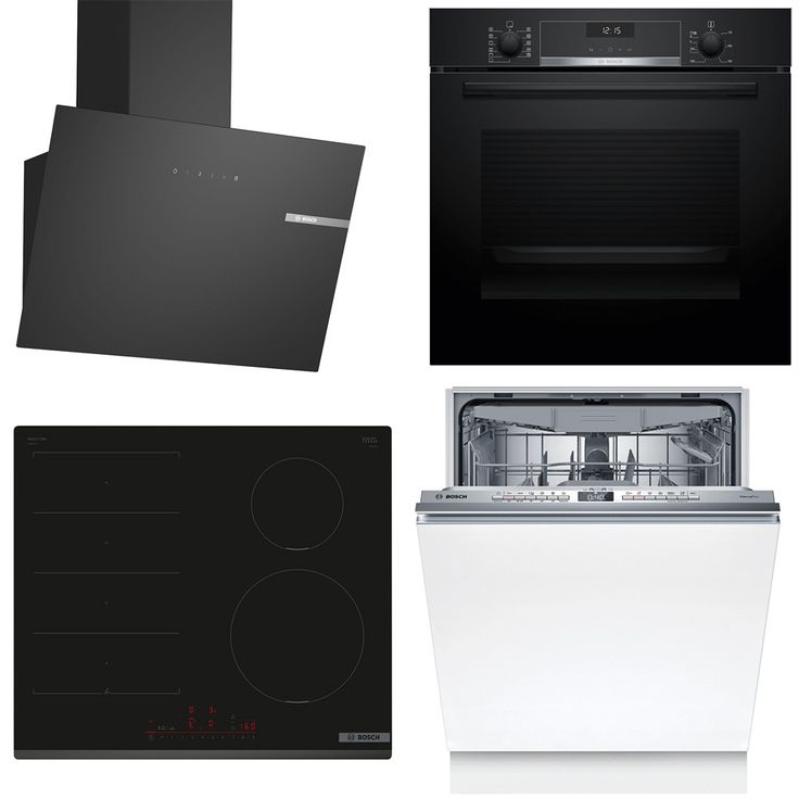 Keittiön kodinkonepaketti Bosch, sis. uuni HBG537FB4, induktioliesitaso PIX631HC1E, astianpesukone SMV4HMX08E ja liesituuletin DWK65DK60, musta
