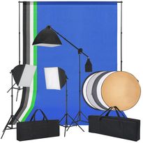 Valokuvastudiosetti softbox-valot, taustakankaat ja heijastimet