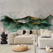 Kuvatapetti Artgeist Abstract landscape - green mountains with golden patterns and birds, eri vaihtoehtoja