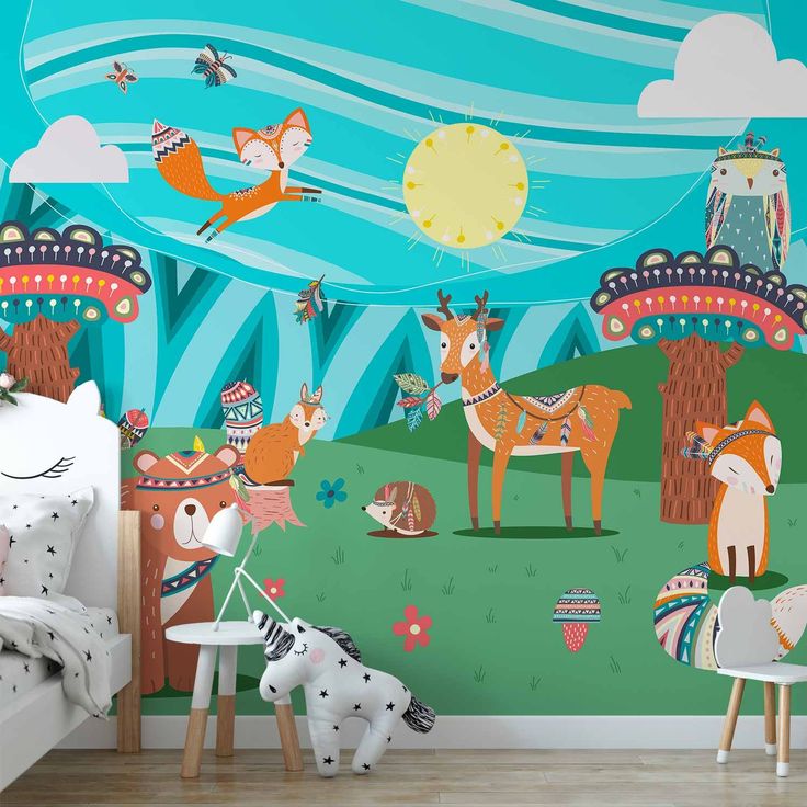 CONFIGURABLE PÄÄTUOTE - Valokuvatapetti - Adventures in the forest - forest animals in an Indian theme for children 78564