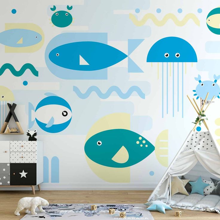 CONFIGURABLE PÄÄTUOTE - Valokuvatapetti - Animals in the sea - geometric blue fish in water for kids 89727