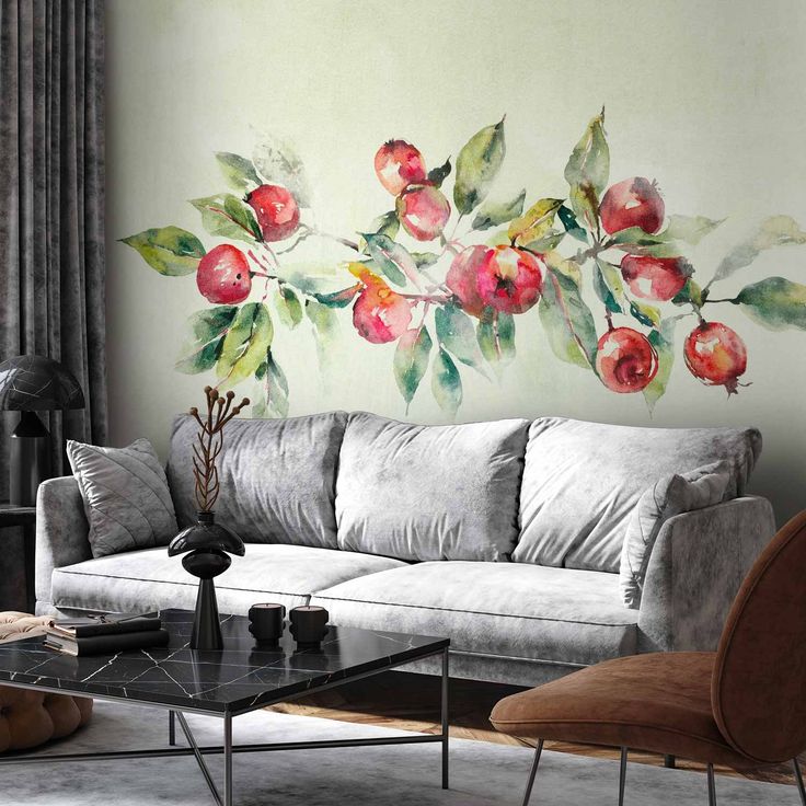 CONFIGURABLE PÄÄTUOTE - Valokuvatapetti - Apple branch - delicate landscape with a plant and apples on a white background 69170