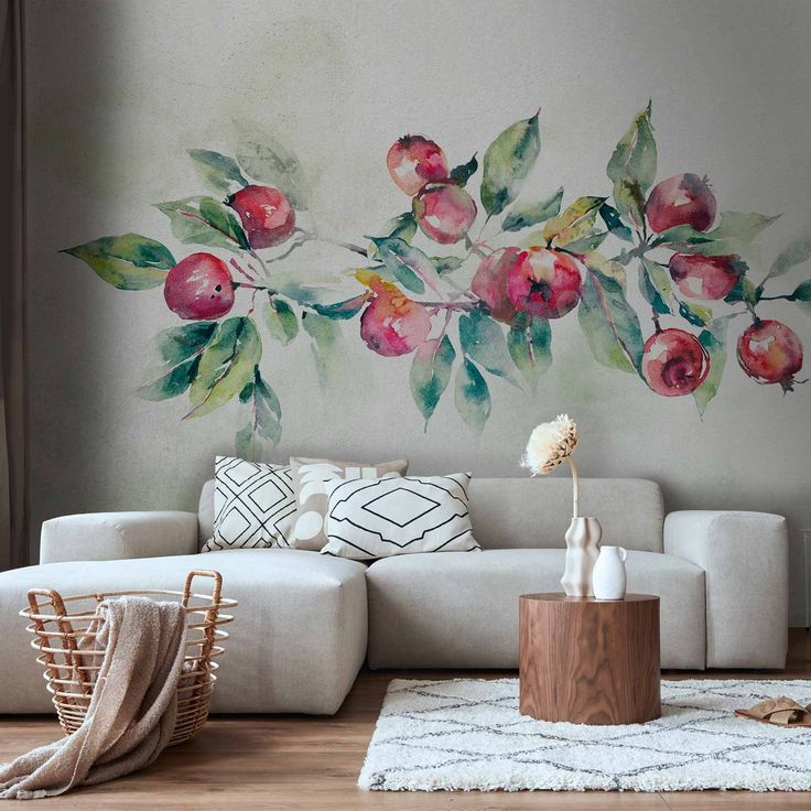 CONFIGURABLE PÄÄTUOTE - Valokuvatapetti - Apple branch - landscape with a plant and red apples on a white background 69033