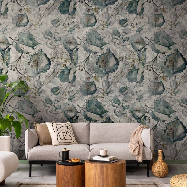 CONFIGURABLE PÄÄTUOTE - Valokuvatapetti - Autumn souvenirs - cool grey floral pattern with leaves 45389
