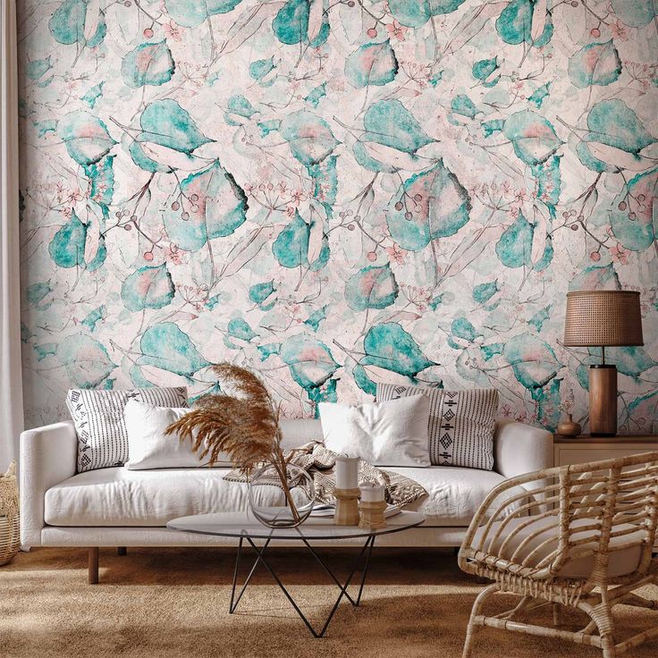 CONFIGURABLE PÄÄTUOTE - Valokuvatapetti - Autumn souvenirs - floral pattern with turquoise leaves 45105