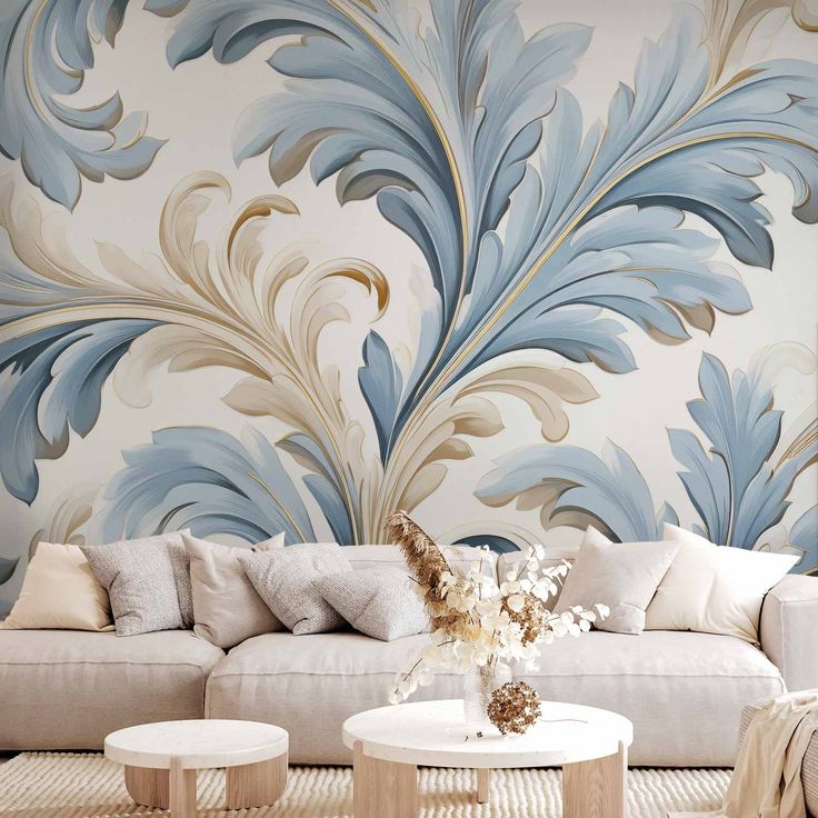 CONFIGURABLE PÄÄTUOTE - Valokuvatapetti - Baroque Ornaments in Light Cream-Blue Hues 85045