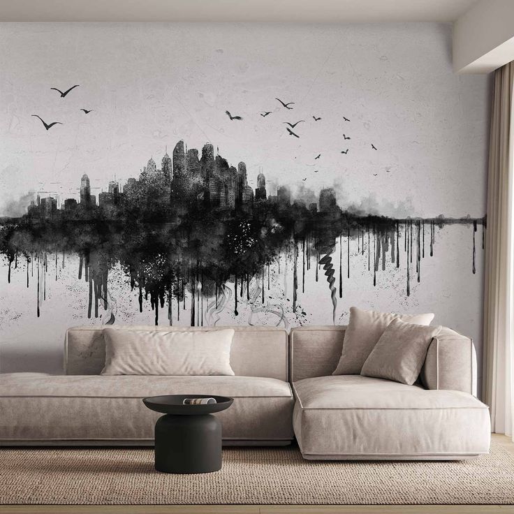 CONFIGURABLE PÄÄTUOTE - Valokuvatapetti - Big city - abstract city skyline in black watercolour style 75720