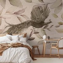 Kuvatapetti Artgeist Bird among the leaves - floral motif with a flying peacock in cool tones, eri vaihtoehtoja