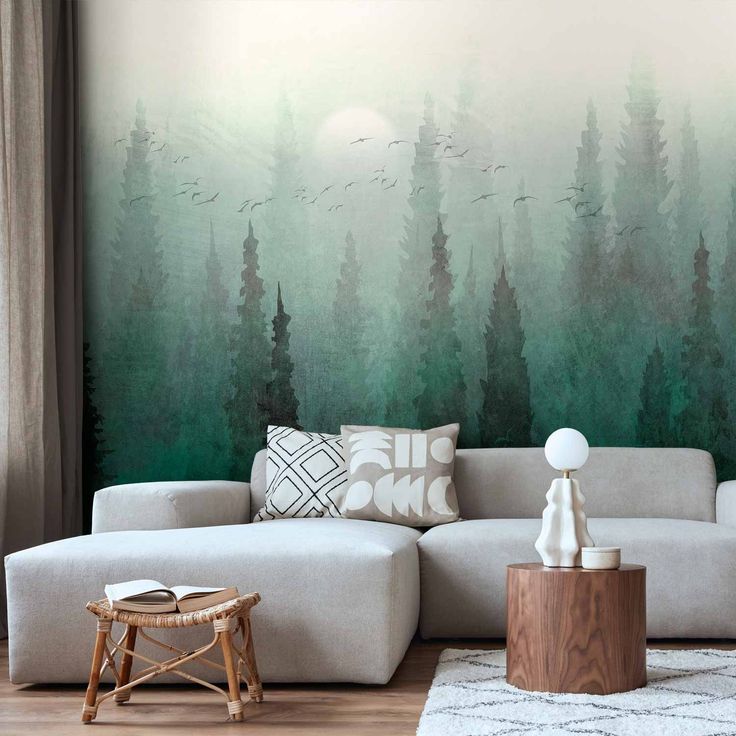CONFIGURABLE PÄÄTUOTE - Valokuvatapetti - Bird's eye perspective - landscape of a green forest with trees in the mist 82711