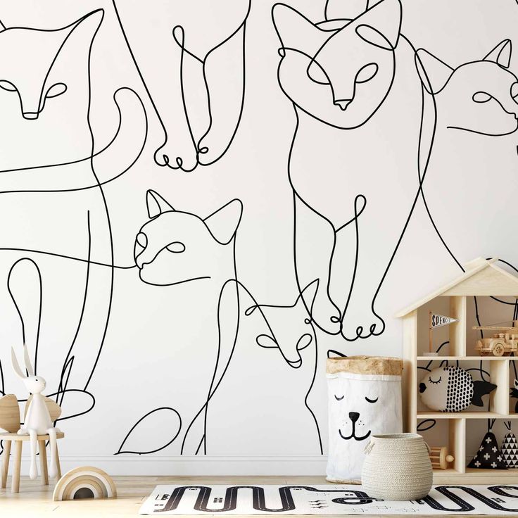 CONFIGURABLE PÄÄTUOTE - Valokuvatapetti - Cat lineart - minimalist sketches of black cats on white background 24145