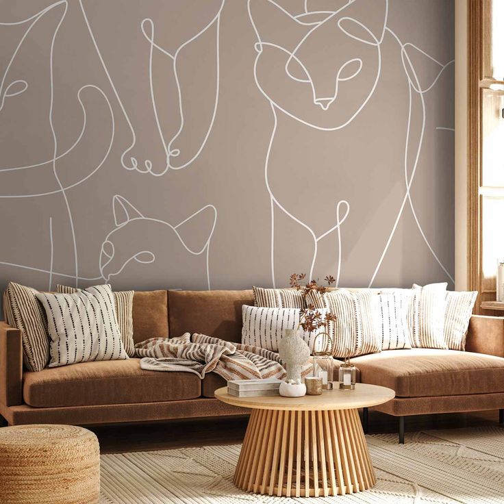CONFIGURABLE PÄÄTUOTE - Valokuvatapetti - Cat lineart - minimalist sketches of white cats on beige background 24282