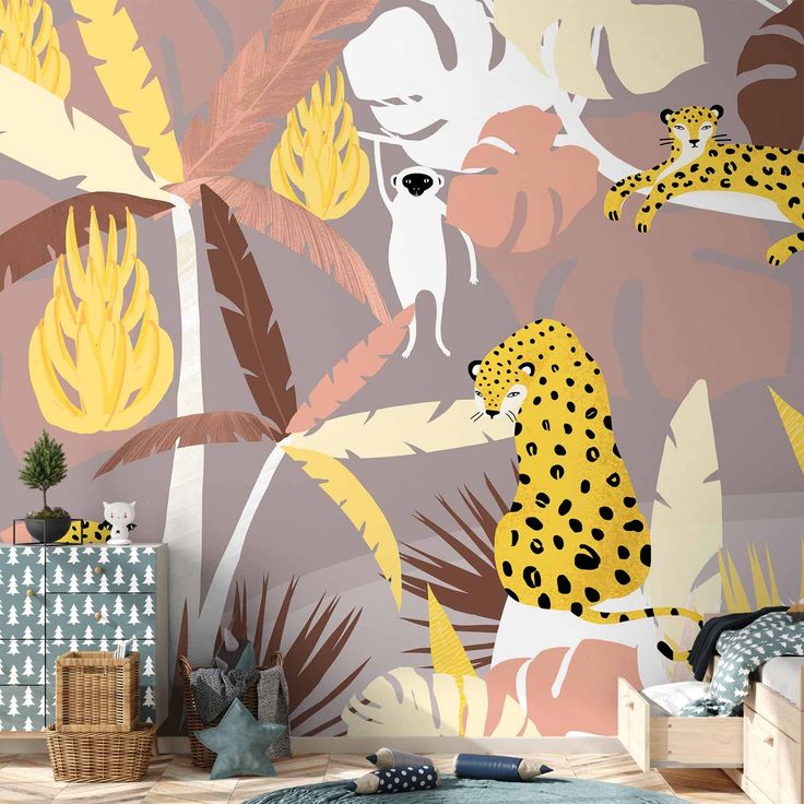 CONFIGURABLE PÄÄTUOTE - Valokuvatapetti - Cheetahs in the jungle - landscape with exotic animals with palm trees for children 90426