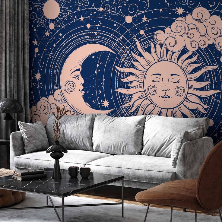 CONFIGURABLE PÄÄTUOTE - Valokuvatapetti - Cosmic Harmony - Illustration of the Sun and Moon on a Navy Background 33173
