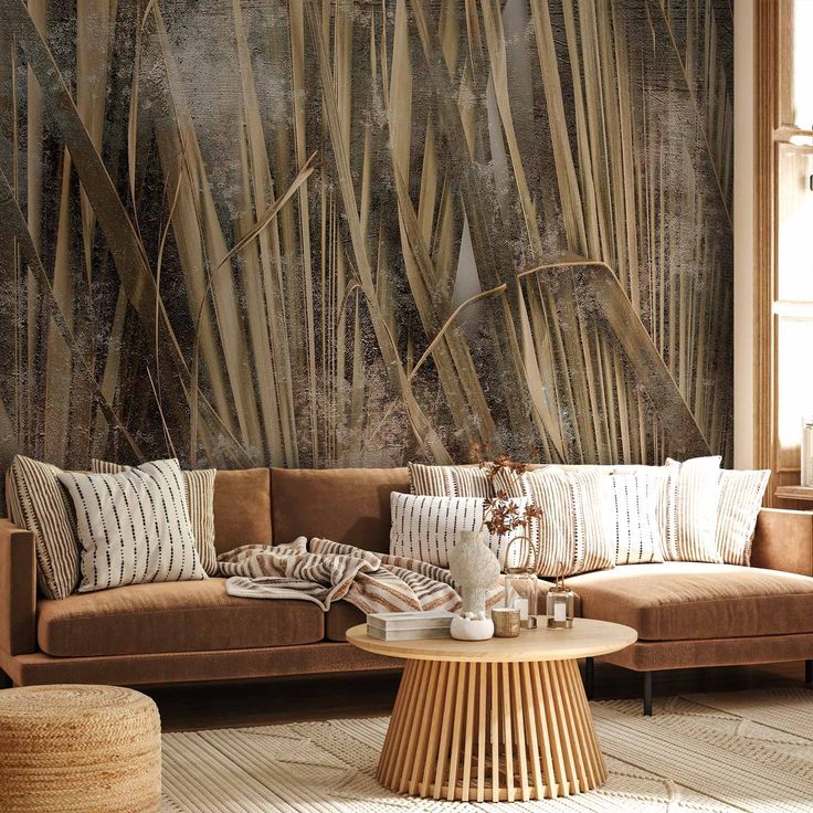 CONFIGURABLE PÄÄTUOTE - Valokuvatapetti - Dry leaves - landscape of tall grasses in boho style with paint patterns 20925