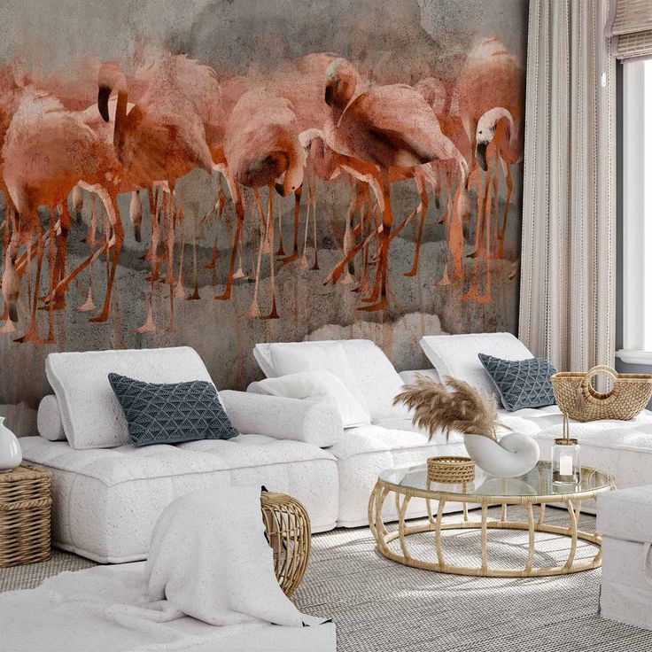 CONFIGURABLE PÄÄTUOTE - Valokuvatapetti - Exotic birds - pink flamingos with shadow on grey concrete background 20393