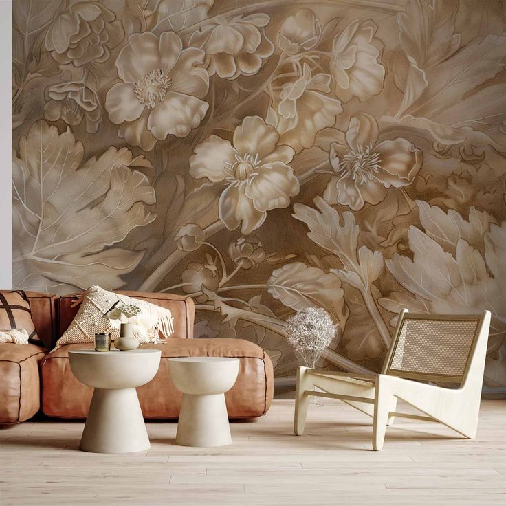 CONFIGURABLE PÄÄTUOTE - Valokuvatapetti - Floral Ornaments Carved in Delicate Sepia and Brown Shades 93958