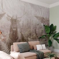 Kuvatapetti Artgeist Forest motif - deer with antlers among fern leaves on concrete pattern, eri vaihtoehtoja